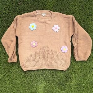 POL Women Tan Knit Sweater Crew Neck Long Sleeve Flower Applique Size S